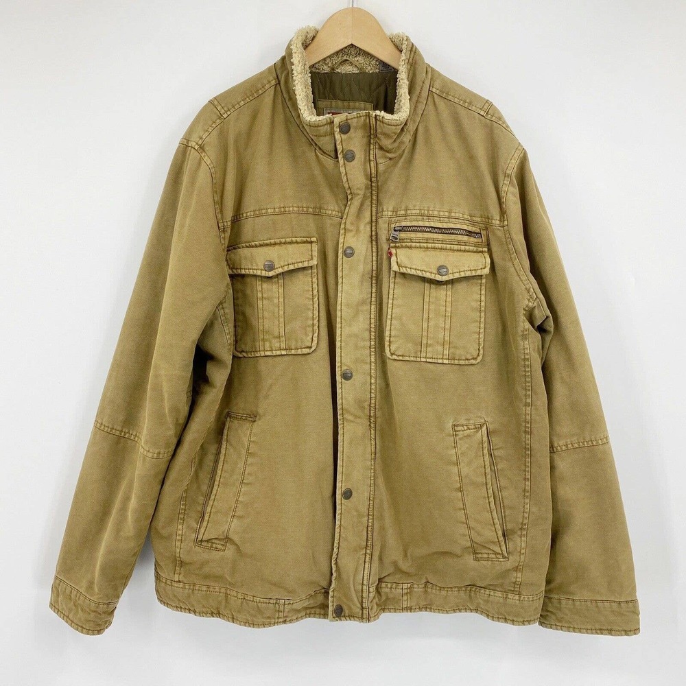Levis Cotton Canvas Trucker Jacket Quilted Lining Sherpa Collar Tan Sz XXL